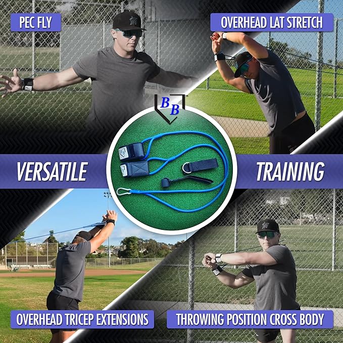 BB Bands Baseball Softball Resistance Training Bands - Arm Strength, Pitching Conditioning Equipment, 3 Strengths (Youth, Adult, Heavy), 7 Colors, Includes Anchor Strap, Door Mount, Bag, Workout Guide - Bloomnest