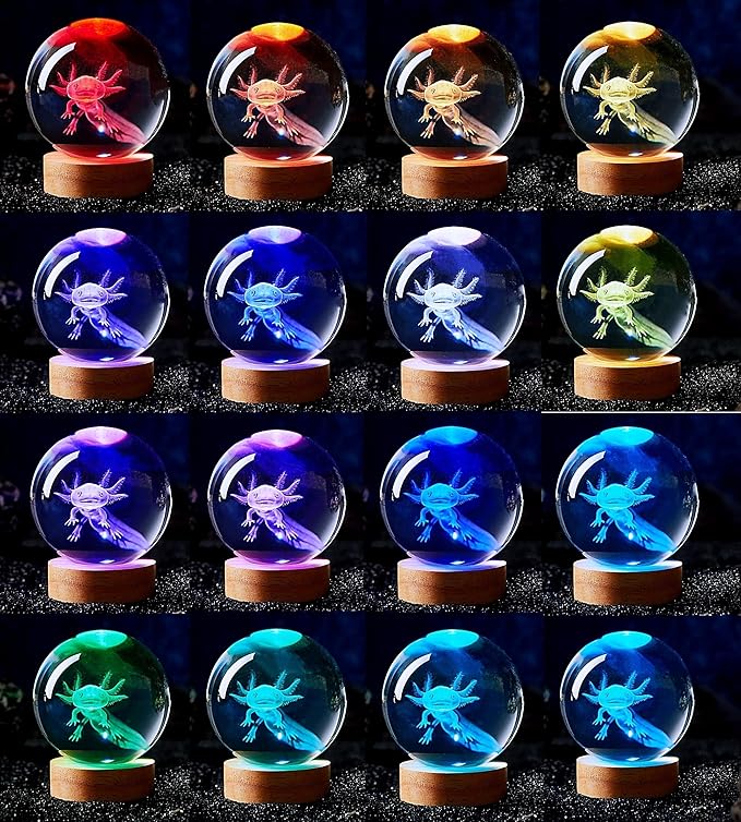 3.15 inch Axolotl Crystal Ball Lamp,3D K9 Crystal Ball Night Light with Wooden Base,16 Colors Change with Remote Control,Clear Glass Light,Birthday Gift for Friends (Axolotl) - Bloomnest