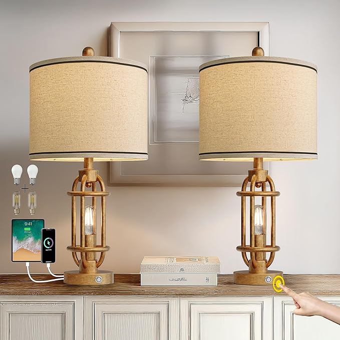 23.75'' Table Lamps Set of 2 for Living Room Bedroom Industrial Farmhouse Metal Touch Lamps with USB A+C Ports, Night Light Vintage Nightstand Bedside Lamp, Bulbs Included, Antique Gold - Bloomnest