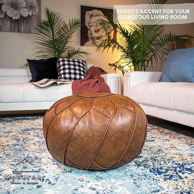 Moderner Faux Leather Pouf Unstuffed Ottoman Moroccan Footstool, Floor Footrest Cushion, Storage Solution - Natural Brown Color (Mocha, Round) - Bloomnest
