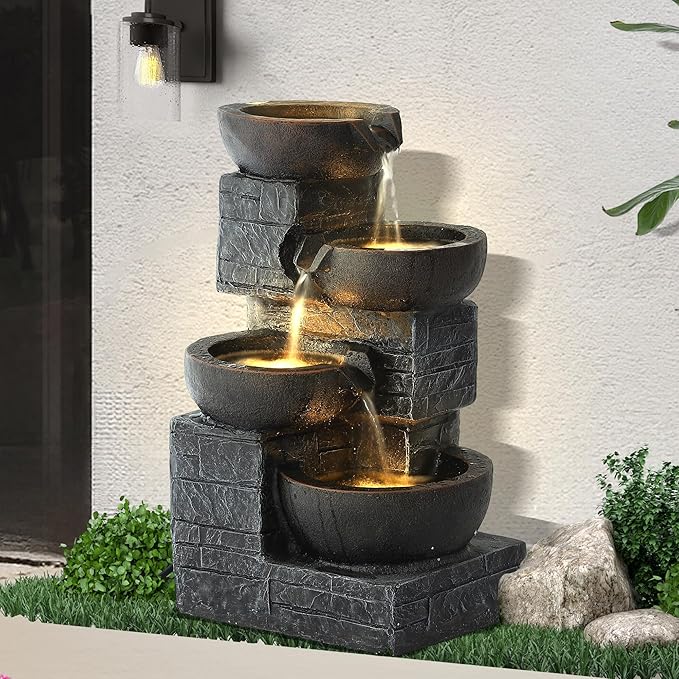 Outdoor Water Fountains with Cascading Bowls, 4-Tiers Fountains and Waterfalls w/LED Lights,Indoor Morden Floor Standing Resin Water Feature for Garden Patio Backyard Home Decor (Grey & Brown) - Bloomnest