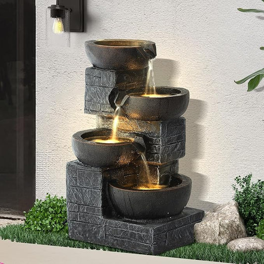 Outdoor Water Fountains with Cascading Bowls, 4-Tiers Fountains and Waterfalls w/LED Lights,Indoor Morden Floor Standing Resin Water Feature for Garden Patio Backyard Home Decor (Grey & Brown) - Bloomnest