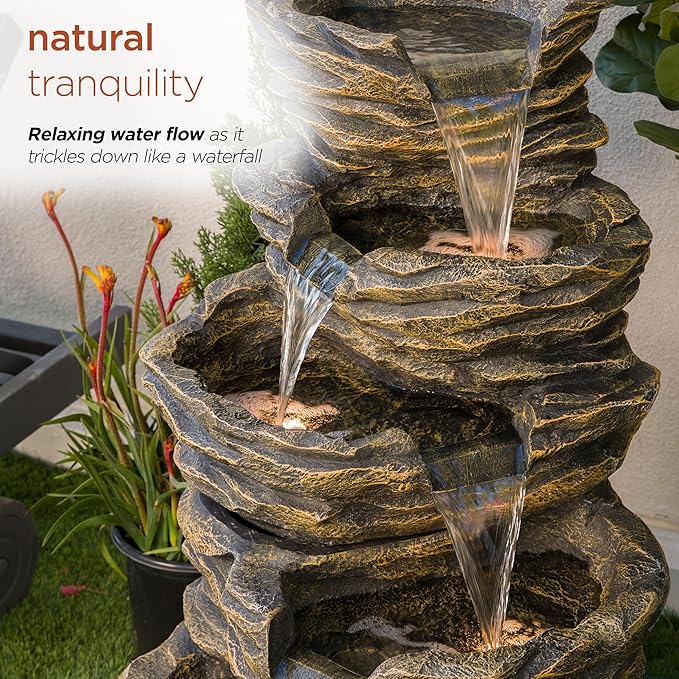 Alpine Corporation GIL110 Outdoor 5 Tiered Natural Look Rock Water Floor Fountain with Replaceable Lights,39" H, Brown - Bloomnest