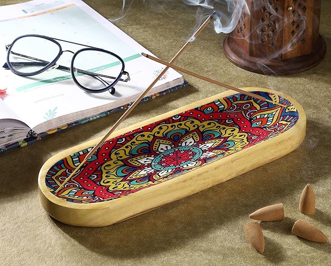 Bless-International Traditional-Handmade-Tray-Burner Wooden-Trat-Incense-Stick-Holder Ash-Catcher-Stand for-Aromatherapy-Meditation-Yoga (Mandala, 11x4x1.22 Inches) - Bloomnest