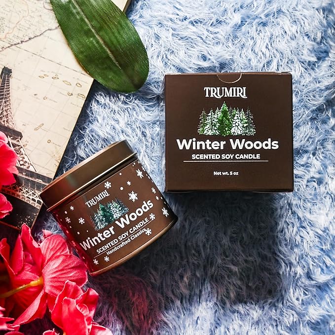 Winter Woods - Soy Candles for Home Scented - for Fall Christmas Holidays - 5oz Natural Clean Non Toxic - Long Lasting Highly Scented Pet Safe Luxury Tin - Velas Aromáticas Para el Hogar - Pine Candel TRUMIRI