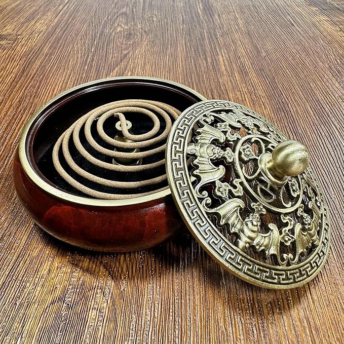 Red Brass Incense Burner with Stick Holder & Fireproof Cotton - Compatible with Cone, Charcoal Disc, Coil Incense | Handcrafted Durable Design for Home Altar, Meditation, Yoga - Bloomnest