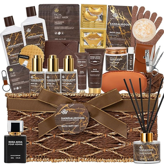 36 Pcs Christmas Gifts For Men, Sandalwood Bath & Body Gift Basket, Beard Grooming Set, Face Skin Care Kit, Men Home Spa Gift, Bath Bomb, Bear Oil, Birthday, Valentines, Father's Day, Dad, Anniversary