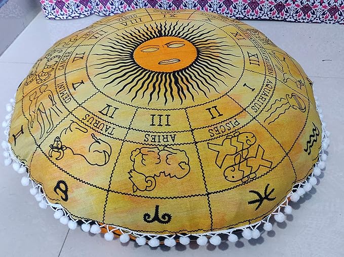 INDIAN CRAFT CASTLE 24" Yellow Zodiac Mandala Barmeri Large Floor Pillow Cover Cushion Meditation Seating Ottoman Throw Cover Hippie Decorative Zipped Bohemian Pouf Ottoman Pom Pom Cases 24" Round - Bloomnest