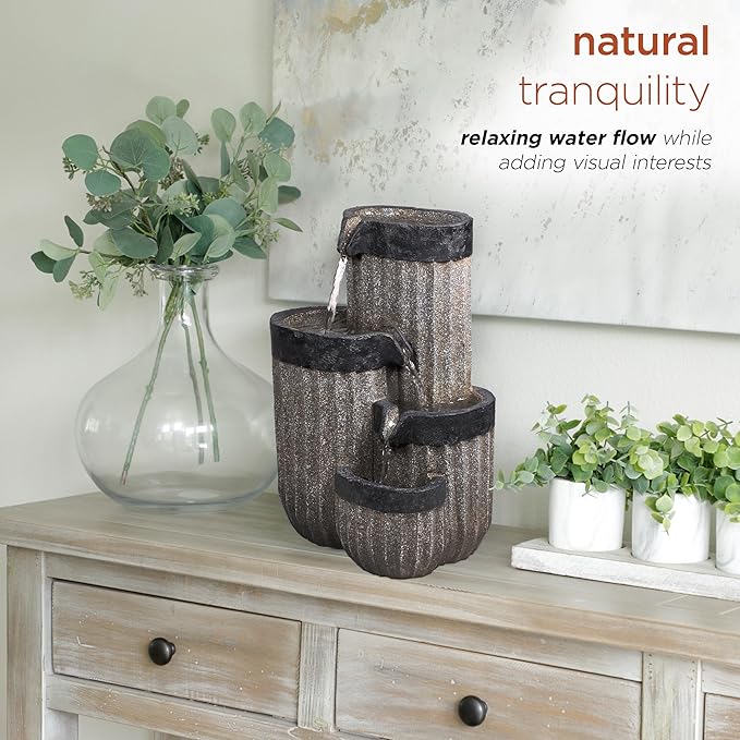 Alpine Corporation WIN1372 14" Tall Cascading Tabletop Fountain with LED Lights – Decorative Indoor Water Feature for Desk, Patio, and Home Décor, Gray - Bloomnest