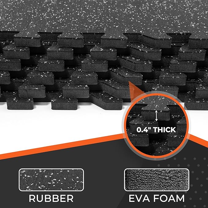 SUPERJARE 0.4'' Thick 24 Pcs 96 Sq Ft Rubber Top Exercise Equipment Mats, High Density EVA Foam Mats with Rubber Top, Interlocking Gym Flooring for Home Gym, Protective Workout Mat, Black/Grey - Bloomnest