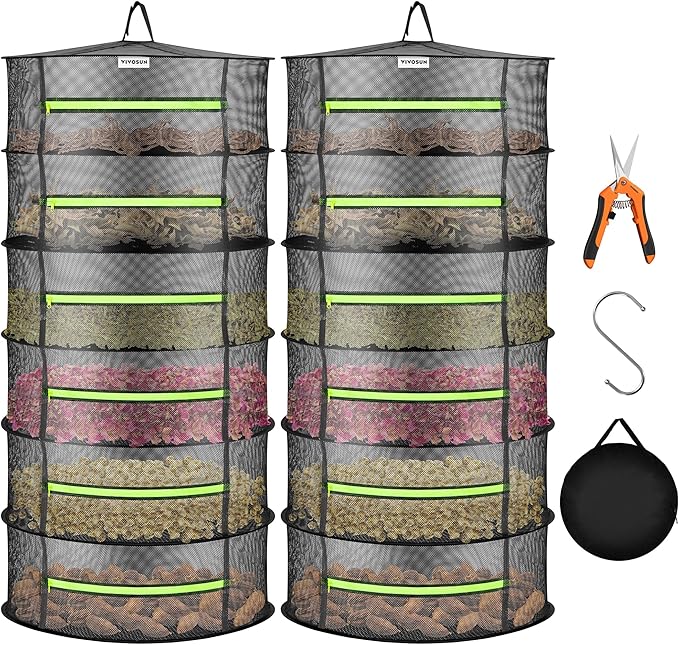 VIVOSUN 2-Pack 6-Layer Mesh Drying Rack Hanging Design with Green Zippers for Dehydrating, Indoor and Outdoor (Pruning Shears Included) - Bloomnest