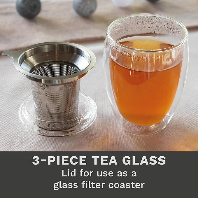 Creano Double Walled Tea Glass with Stainless Steel Filter and Glass Lid - 14oz (400ml) - Bloomnest