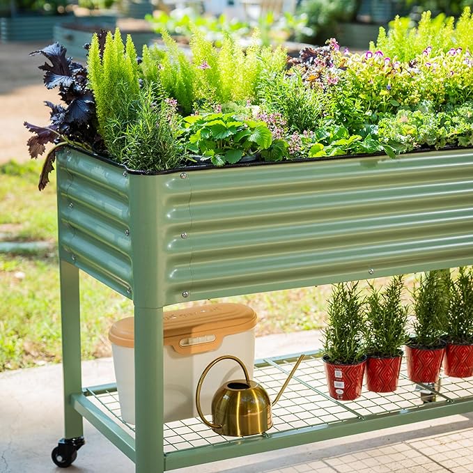 Elevated Raised Garden Bed-V Series, 2' x 4' Garden Beds with Legs & Storage Rack for Patio Porch, 700 Lbs Weight Capacity, Outdoor Planter Boxes for Gardening Herbs Vegetables Flowers, Olive Green - Bloomnest