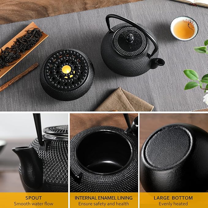 Velaze Cast Iron Teapot Set,1100 ml/37oz Japanese Teapot Heat Preservation with Warmer and Stainless Steel Infuser,Durable Cast Iron with Fully Enameled Interior,Beautiful Hammered Design - Bloomnest