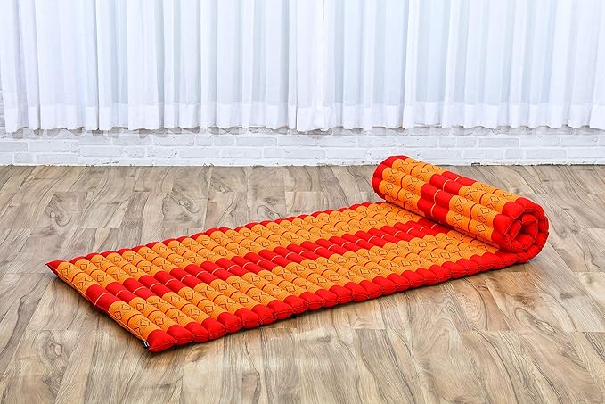 Leewadee - Foldable Floor Mattress - Japanese Roll Up Futon -Trifold Tatami Mat- Guest Floor Bed - Camping Mattress - Thai Massage Mat, Kapok Filled, 75 x 28 inches, Orange Red - Bloomnest