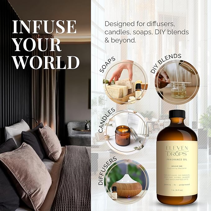 Bougie 540 Diffuser Oil – Premium Fragrance Oil with Radiant Amber & Jasmine Notes – Elegant Aroma for Cold Air Diffusers, Home, Office, Candle Making, Pet Friendly, 16 Fl.Oz Glass Bottle - Bloomnest
