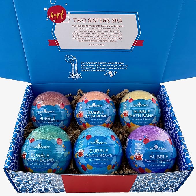 Sea Animal Bath Bombs for Kids with Surprise Toys Inside (6 Pack) - Bubble Bomb Stocking for Girls and Boys, Gentle and Safe Ingredients, USA Made, Ideal Gift for Children & Teens by Two Sisters - Bloomnest