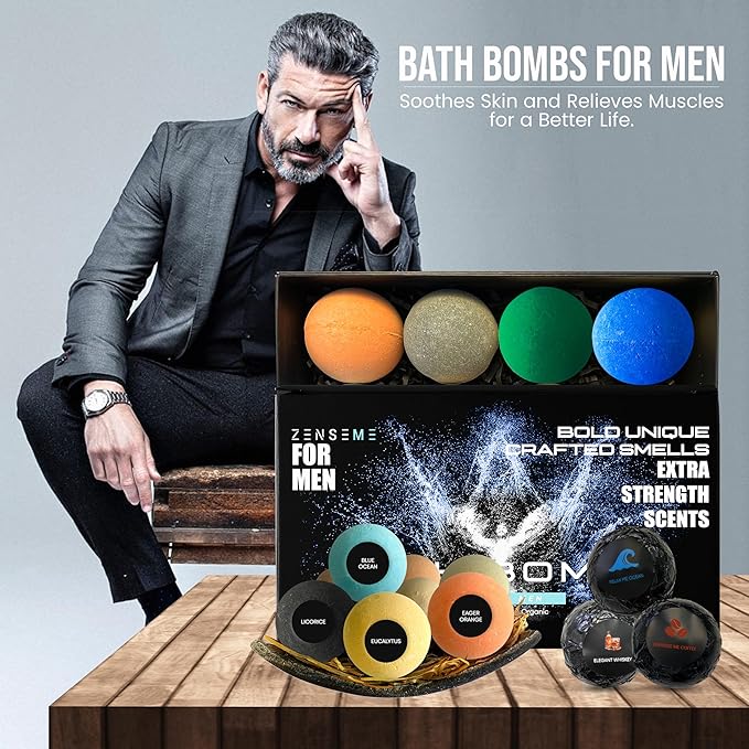 Bath Bombs for Men - Gift Set of 8 Scented Organic Handmade Bath Bombs of 2.5 oz with Natural Essential Oils, Unique Strong Manly Scents, for Boyfriend, Husband, Father or Friend, by ZenseMe - Bloomnest