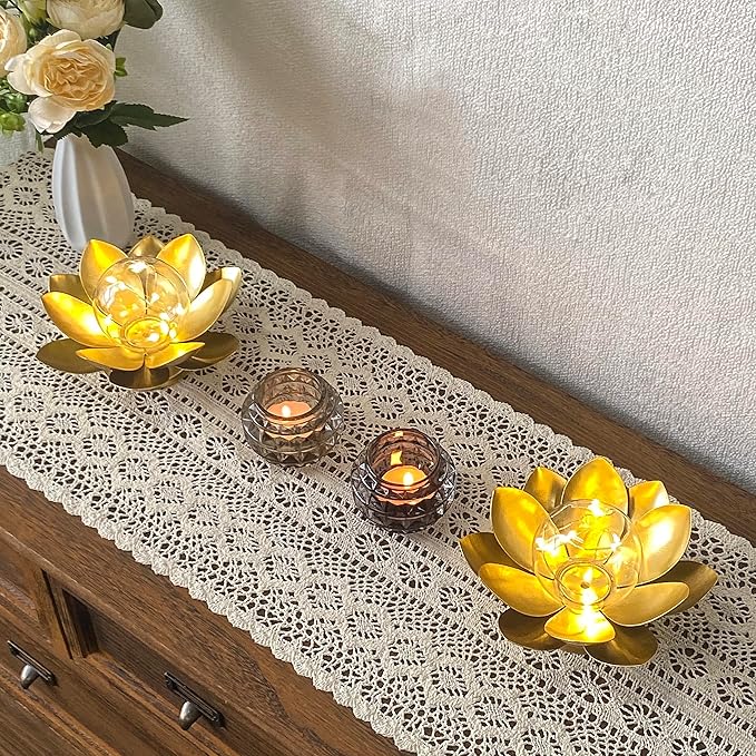 JHY DESIGN Set of 2 Gold Lotus Table Lamp Battery Powered 6''Tall Cordless Lamp Light Battery Operated Great for Living Room Bedroom Weddings Parties Patio Events Indoors Outdoors