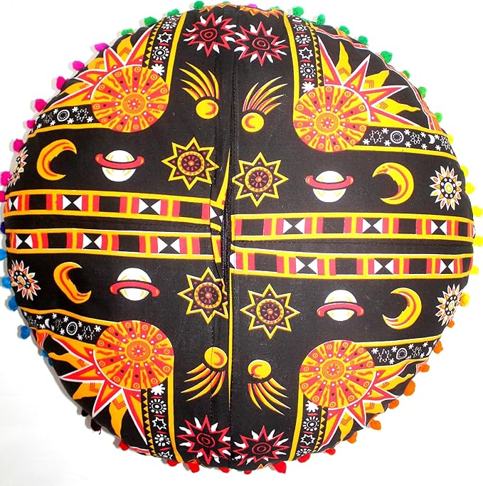 CRAFT KALA Large Round Bohemian Floor Pillow Pouf Cover Mandala Meditation Room Pillow Cover for Adults Boho Seating Poufs Cushion Cover for Kids Playroom 32" Round Orange Burning Sun - Bloomnest