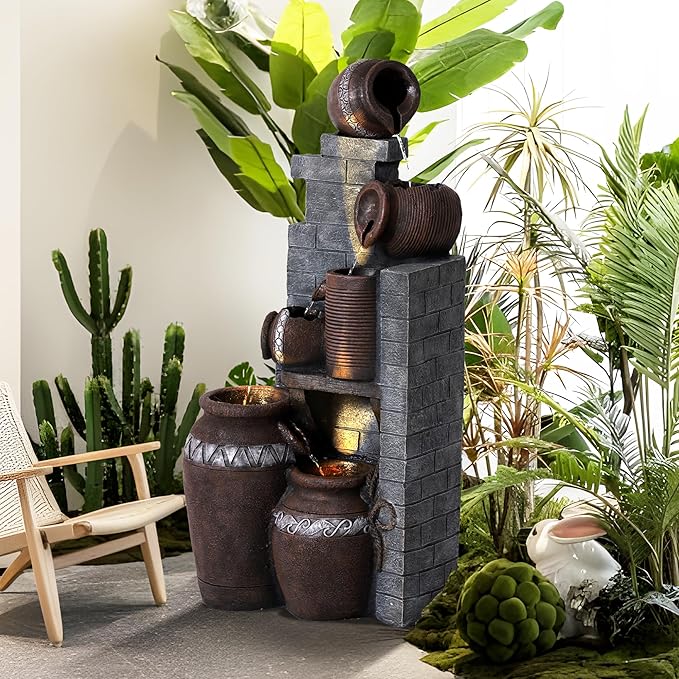 6-Tiers Garden Waterfall Fountain Outdoor - 40''H Water Fountains and Waterfalls, Large Outdoor/Indoor Floor Standing Resin Water Fountain with LED Light for Patio, Garden and Home (Grey) - Bloomnest