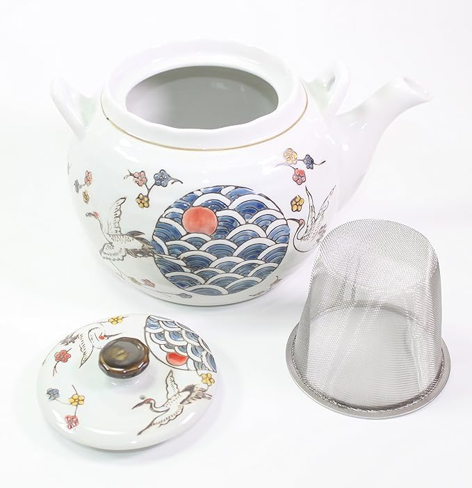 White Crane Heron Japanese Teapot set with 4 Tea Cups ~ Japanese Antique Design and Filter Gift/Birthday gift/Kitchen/Teapot/idea for gift ~ We Pay Your Sales Tax - Bloomnest