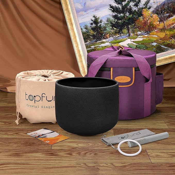 TOPFUND Black F Note Crystal Singing Bowl 10 inch Heart Chakra with Heavy Duty Carrying Case and Suede Mallet - Bloomnest