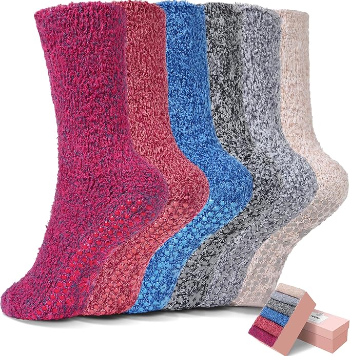 HUGSWEET 6 Pairs Thick Fuzzy Socks with Grip Cozy Non Slip Hospital Socks Home Fluffy Warm Slipper Socks Gifts for Women - Bloomnest