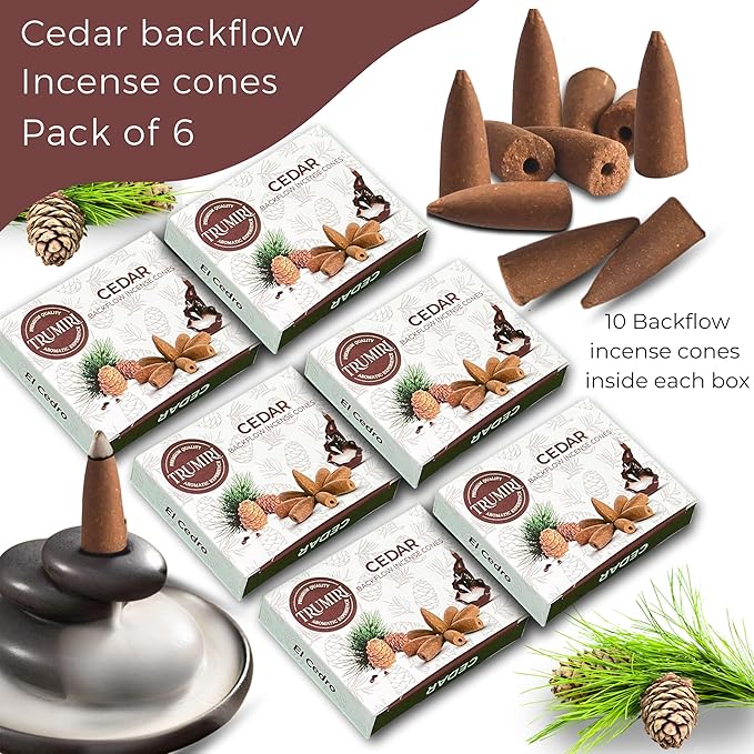 Cedar Backflow Incense Cones - 60 Total, Six Packs of 10, Waterfall Effect TRUMIRI