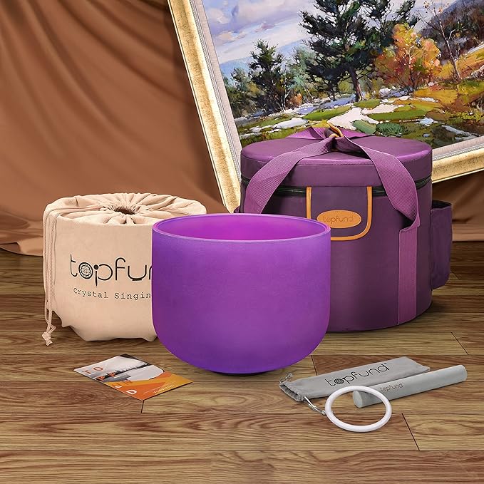 TOPFUND Purple B Note Crystal Singing Bowl Crown Chakra 8 inch with Heavy Duty Carrying Case and Suede Mallet - Bloomnest