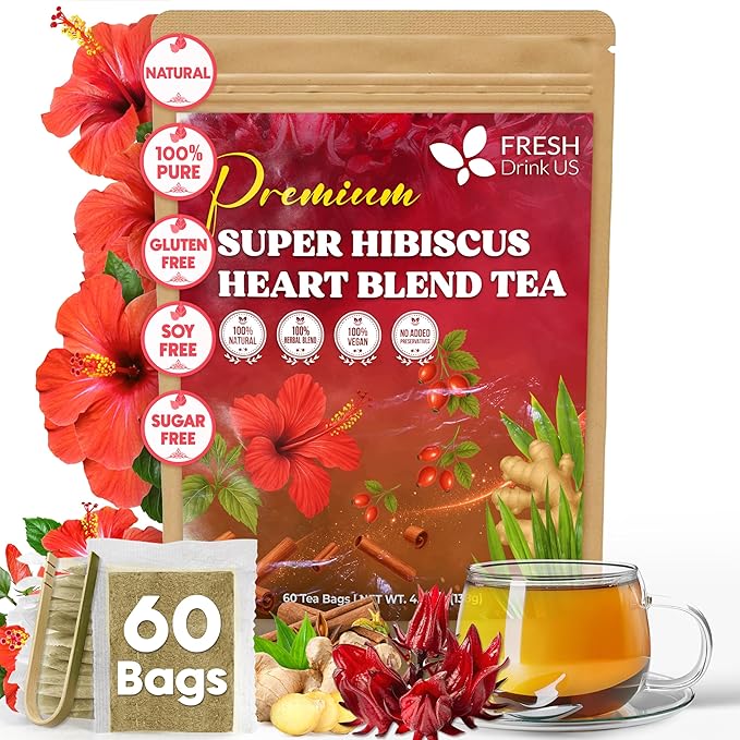 FreshDrinkUS, 60 Tea Bags Super Hibiscus Heart Blend– Herbal Tea with Hibiscus Flower, Ginger, Cinnamon Stick, Lemongrass & Rose Hip – Naturally Caffeine-Free, Sugar-Free, Vegan - Bloomnest