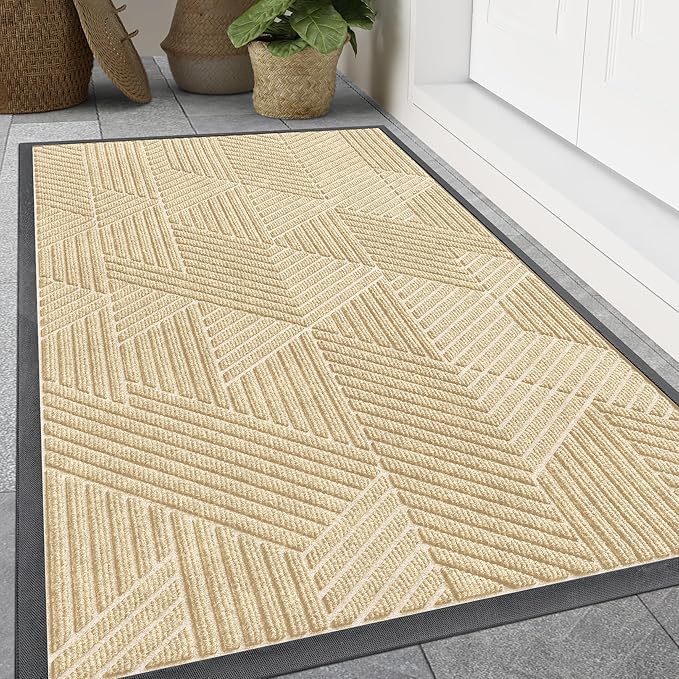 Smiry Front Door Mat Outside Entrance, Heavy Duty Sturdy Natural Rubber Doormat, Trap Dirt and Moisture, Easy Clean Low Profile Mats for Indoor Outdoor Entry, Irregular Triangle (47x32, Beige) - Bloomnest
