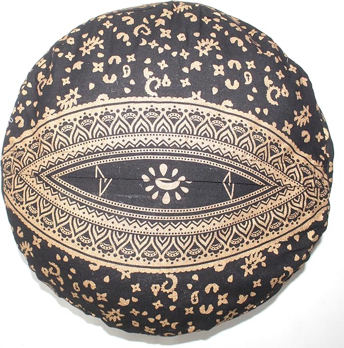 INDIAN CRAFT CASTLE ICC Mandala Barmeri Large Floor Pillow Cover Cushion Meditation Seating Ottoman Throw Cover Hippie Decorative Zipped Bohemian Pouf Ottoman Cases Black Gold, 24" Round - Bloomnest