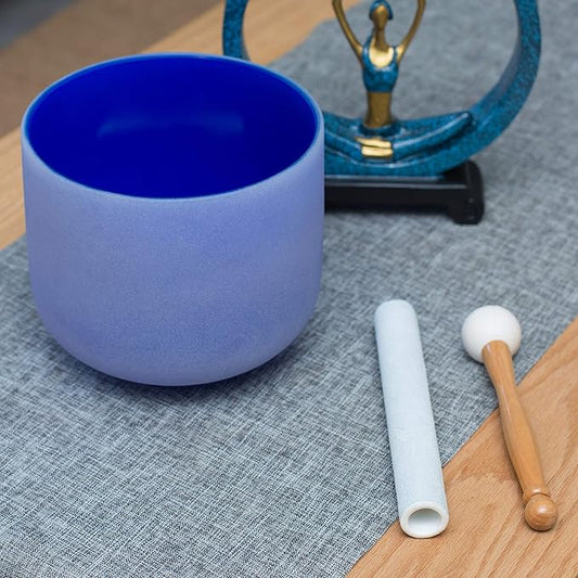 Leize Quartz Crystal Singing Bowl A# Note Third Eye Chakra Dark Blue 8" with Heavy Duty Carrying Case Suede Striker