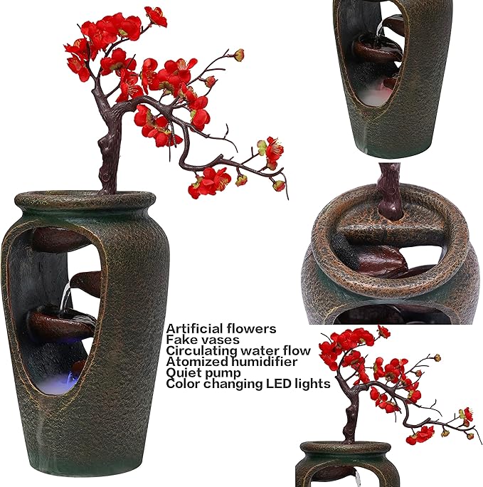 20Inch Tabletop Decorative Flower Vase Style Bonsai Waterfall Fountain Humidifier with LED Lights and Atomizer, Desktop Water Fountains for Any Dining Room, Living Room, Bedroom, Cafe Or Office - Bloomnest