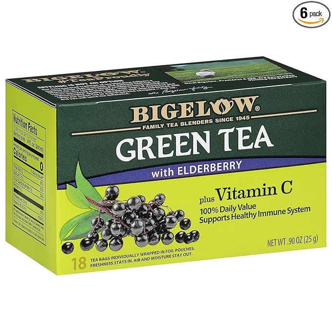 Bigelow Tea Green Tea with Elderberry Plus Vitamin C, Caffeinated Tea with Elderberry, 18 Count Box (Pack of 6), 108 Total Tea Bags - Bloomnest