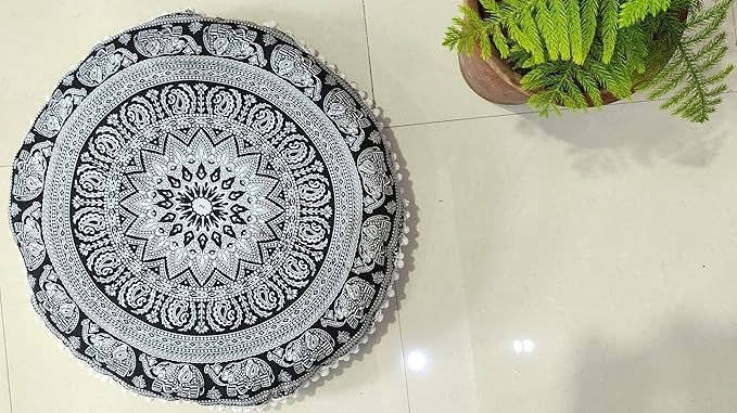24" Black white Elephant Flower Mandala Barmeri Large Floor Pillow Cover Cushion Meditation Seating Ottoman Throw Cover Hippie Decorative Zipped Bohemian Pouf Ottoman Pom Pom Cases 24 " round - Bloomnest