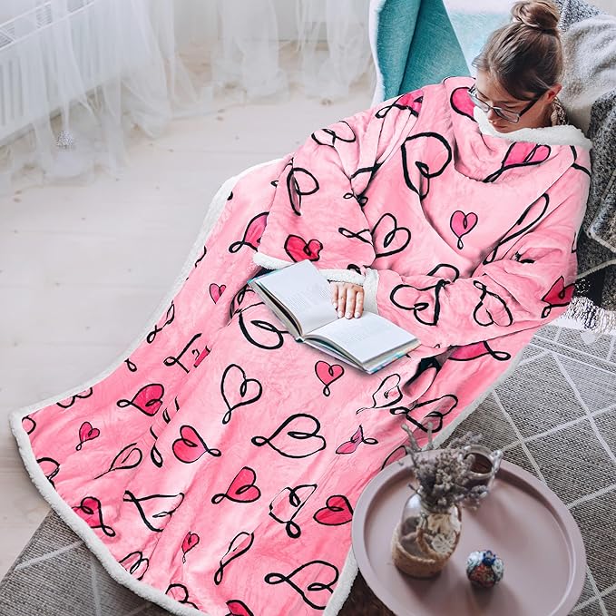 Tirrinia Sherpa Wearable Blanket With Sleeves, Full Body Throw Reading Wrap TV Blankets - Bloomnest