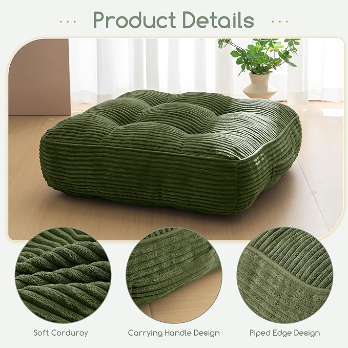 6" Washable Floor Pillow Cushion for Adults, Meditation Cushion Pillow, Large Square Floor Sitting, Removable Tufted Corduroy Cover, for Tatami Living Room or Yoga, 22x22 Inch, 2Pack, Machine Washable - Bloomnest