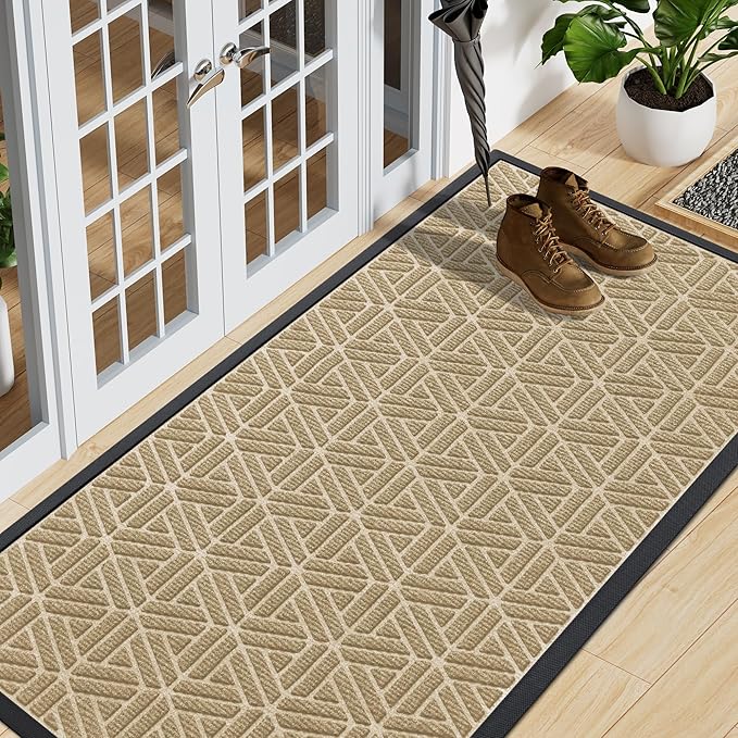 Smiry Front Door Mat Outside Entrance, Heavy Duty Sturdy Natural Rubber Doormat, Trap Dirt and Moisture, Easy Clean Low Profile Mats for Indoor Outdoor Entry, Grid Geometric (59x24, Beige) - Bloomnest