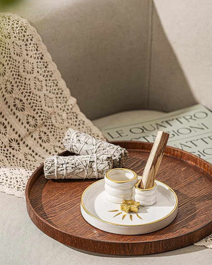 Ceramic Incense Holder Burner, Sage Holder for Burning, Palo Santo Sticks Holder, 5.51" Ash Catch Tray, Smudge Dish for Meditation Yoga, Modern Home Decor Gift - Bloomnest