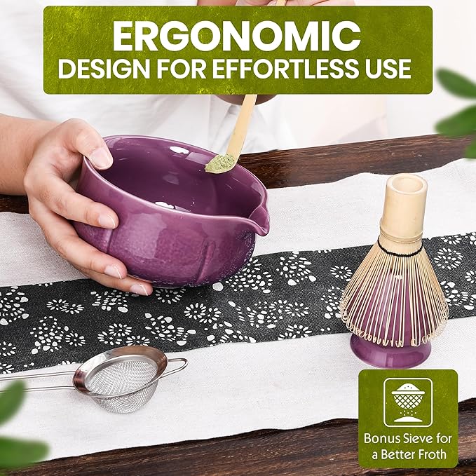Matcha Whisk Set – 5 Piece Japanese Matcha Tea Set w/Ceramic Matcha Bowl, 100-Prong Bamboo Whisk & Holder, Scoop, & Stainless Sifter – Traditional Matcha Making Kit (Midnight Purple) - Bloomnest