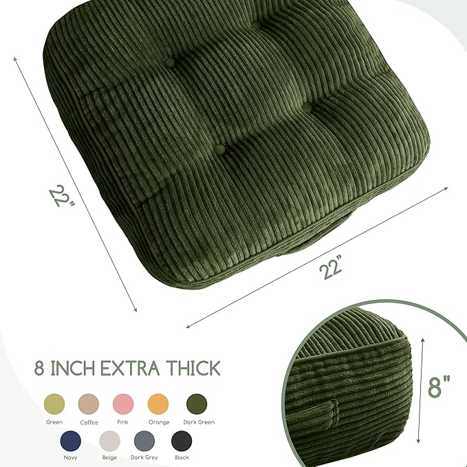8" Washable Floor Pillow Cushion for Adults, Meditation Cushion Pillow, Large Square Floor Sitting, Removable Tufted Corduroy Cover, for Tatami Living Room or Yoga, 22x22 Inch, 2Pack, Machine Washable - Bloomnest