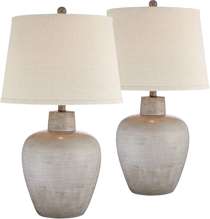Regency Hill Glenn Rustic Country Cottage Style Table Lamps 27" Tall Set of 2 Southwest Urn Neutral Fabric Drum Shade Decor for Living Room Bedroom House Bedside Nightstand Home Office - Bloomnest