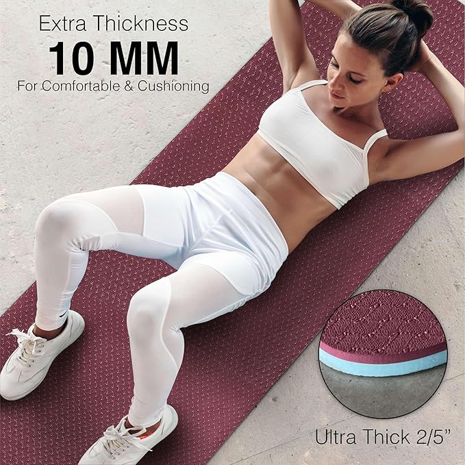 Extra Thick Exercise Yoga Mat with Strap - 2/5 Inch (10MM), Non-Slip Workout Mat for Yoga, Pilates, and Floor Exercises - Bloomnest