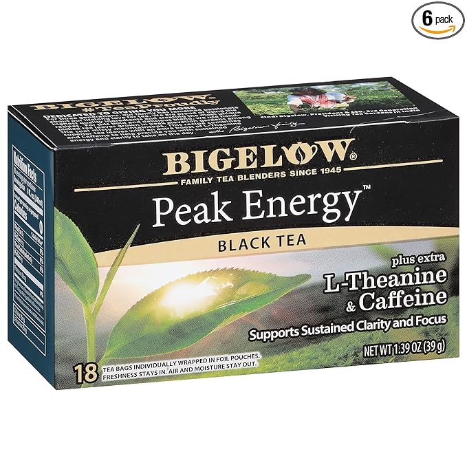 Bigelow Tea Peak Energy plus extra L-Theanine & Caffeine, 18 Count (Pack of 6), 108 Total Tea Bags - Bloomnest