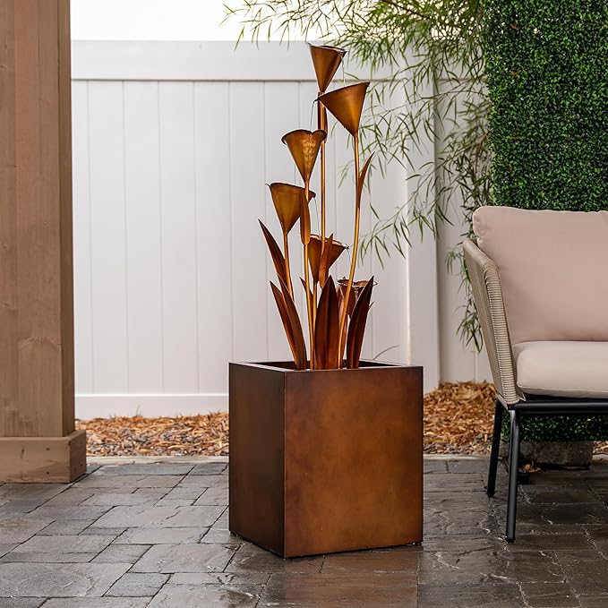 XBrand Freestanding Sculptural Metal Multi-Tiered Flower Water Fountain, No LED Lights, Bronze, 46" Tall