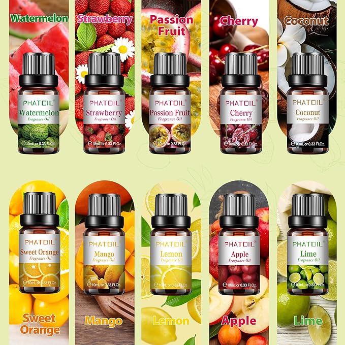 PHATOIL 10Pcs Fruity Fragrance Oil Set, Coconut, Cherry, Apple, Strawberry, Mango Candle Scents for Candle Making, Freshie Scents for DIY Soap Making, Diffuser Oil Scents Set - Bloomnest