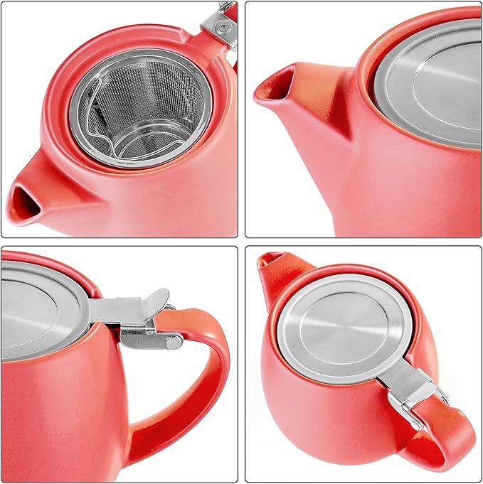 Tealyra - Pluto Porcelain Small Teapot Red - 18.2-ounce (1-2 cups) - Matte Finish - Stainless Steel Lid and Extra-Fine Infuser To Brew Loose Leaf Tea - 540ml - Bloomnest