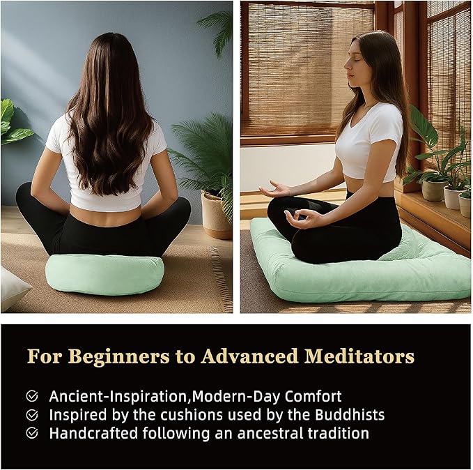 Meditation Zafu Cushion Set with Buckwheat Hulls & Memory Foam - Ergonomic Support for Yoga & Sitting - Removable Machine-Washable Luxury Velvet Cover - for Adults and Kids (Sage Green)